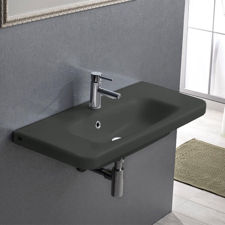 CeraStyle 033309-U-97-One Hole Rectangle Matte Black Ceramic Wall Mounted Sink or Drop In Sink